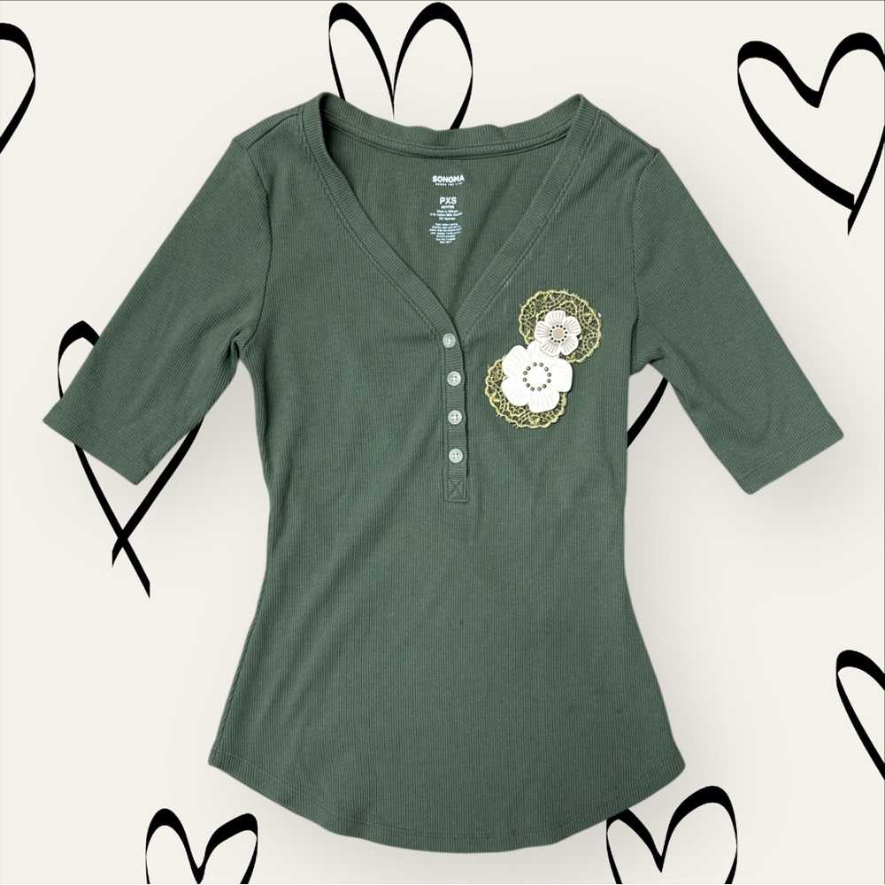 Sonoma Green Ribbed Henley Top